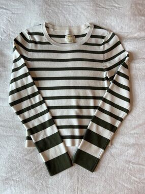 Anthropologie Maeve Striped Crewneck Thick Long Sleeve in Ivory & Dark Green